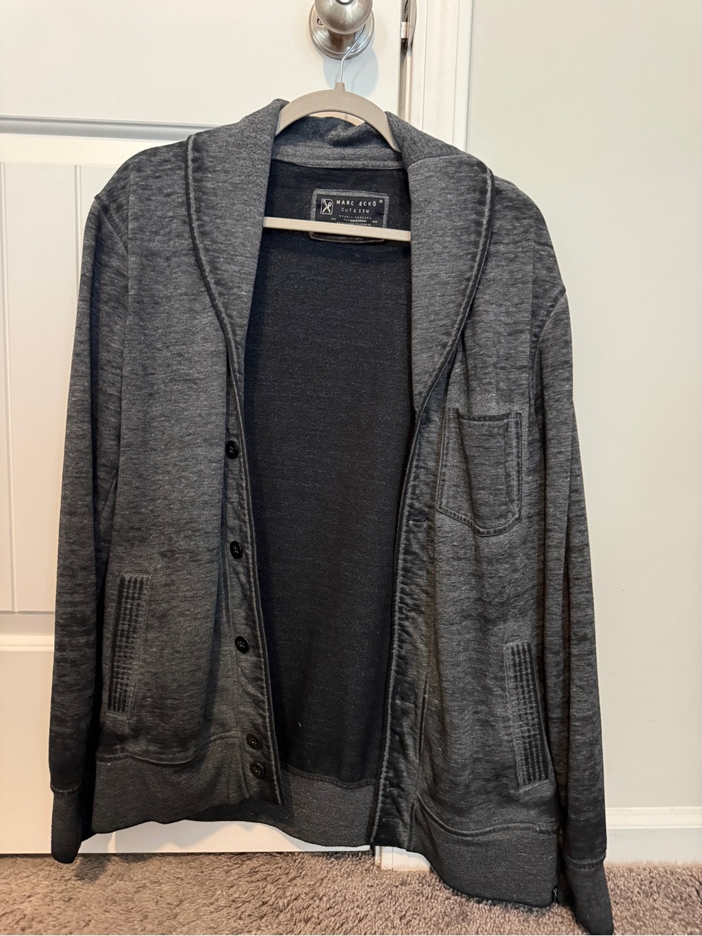 Marc Ecko Charcoal Shawl-Collar Men’s Cardigan Sweater